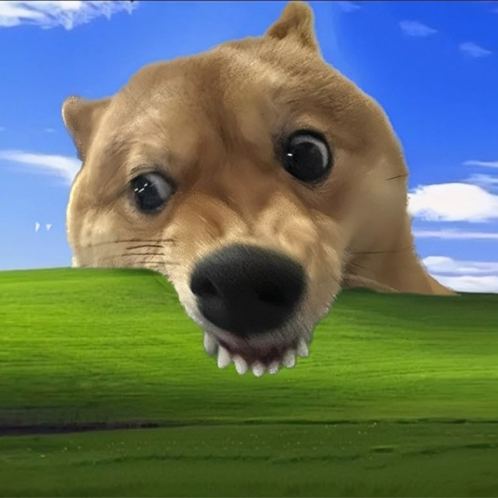 Windows Woof character peeking over the iconic green Windows XP hill