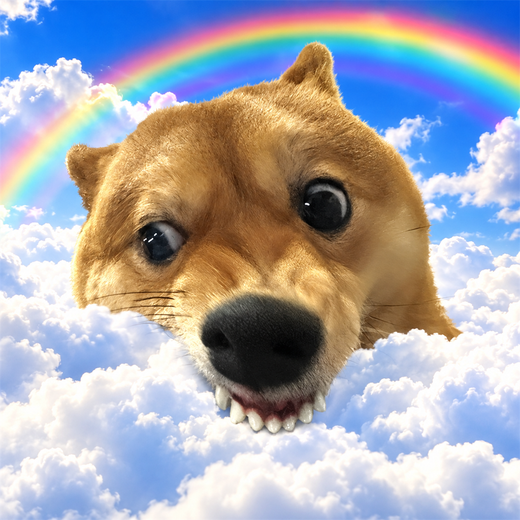 Windows Woof floating among clouds beneath a rainbow