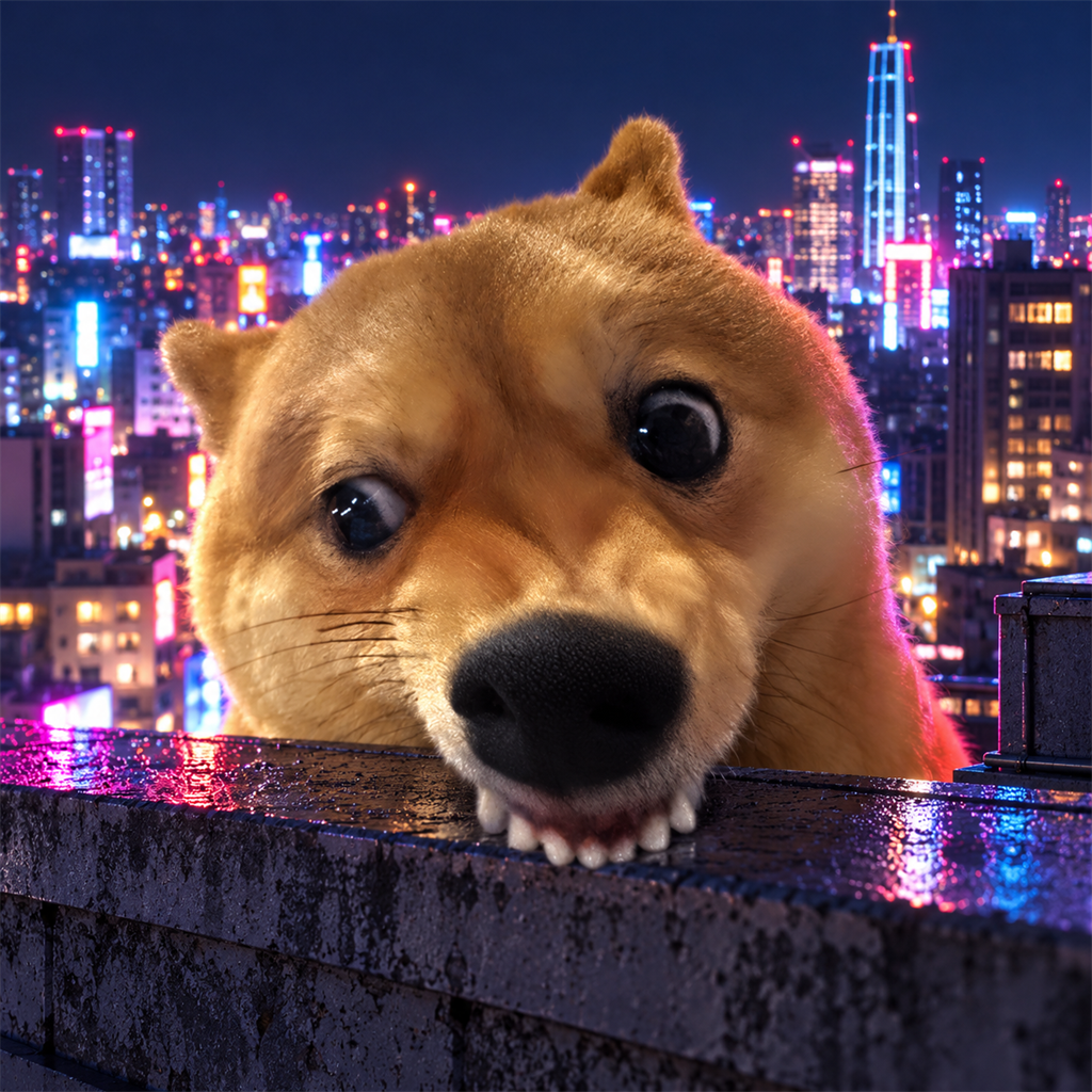 Windows Woof overlooking a bright neon city